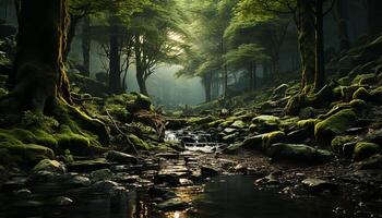 ai généré tranquille scène mystérieux brouillard entoure sombre, effrayant tropical forêt tropicale généré par ai photo