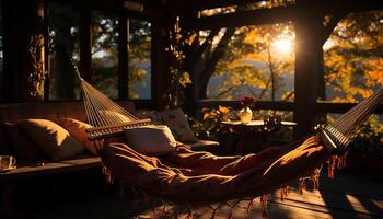 ai généré Jeune adultes profiter une romantique coucher de soleil, repos dans une confortable hamac généré par ai photo