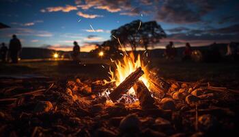 ai généré Hommes et femmes recueillir autour une embrasé feu de camp dans la nature généré par ai photo