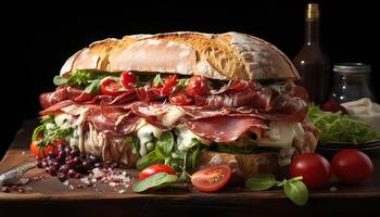 ai généré fraîcheur sur assiette gourmet sandwich avec prosciutto, tomate, et salade généré par ai photo