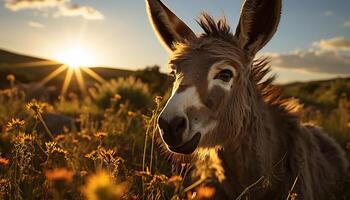 ai généré mignonne âne pâturage sur herbe, à la recherche à caméra en dessous de le coucher du soleil généré par ai photo