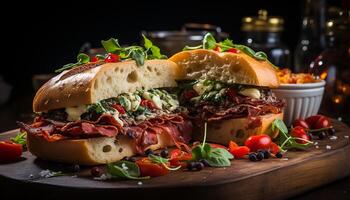 ai généré grillé du boeuf sandwich sur pain ciabatta, Frais salade, et frites généré par ai photo