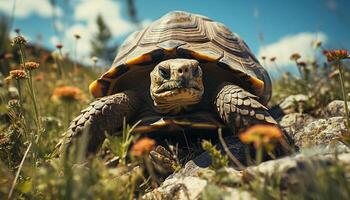 ai généré mignonne tortue rampant dans herbe, lent et en danger espèce généré par ai photo