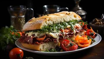 ai généré grillé du boeuf sandwich sur pain ciabatta, Frais salade, et tomate généré par ai photo