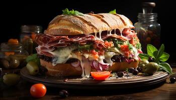 ai généré grillé porc sandwich sur pain ciabatta avec Frais des légumes et salade généré par ai photo