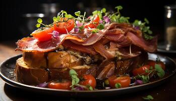 ai généré gourmet repas Frais prosciutto, grillé porc, fumé bacon, en bonne santé salade généré par ai photo