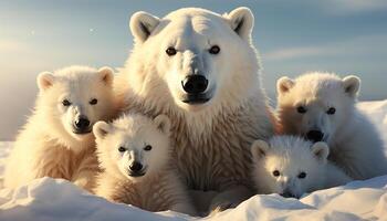 ai généré Trois mignonne samoyède chiots en jouant dans le neigeux Arctique forêt généré par ai photo