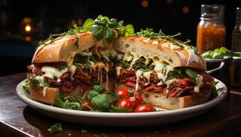 ai généré grillé du boeuf sandwich sur pain ciabatta, Frais salade, et fait maison frites généré par ai photo