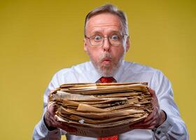 pile de les documents dans mains. Sénior homme tenir piles de les documents papier travail. surpris de difficile mental travail photo