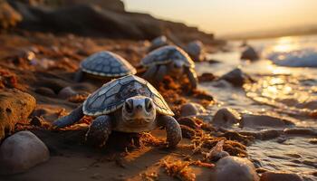 ai généré mignonne tortue rampant sur sablonneux plage, profiter tropical le coucher du soleil généré par ai photo