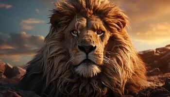 ai généré majestueux lionne en regardant, région sauvage aventure dans Afrique le coucher du soleil savane généré par ai photo