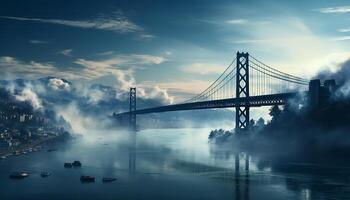 ai généré célèbre paysage urbain reflète dans bleu eau, pont illumine nuit généré par ai photo