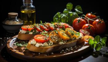 ai généré Frais grillé tomate et mozzarella sandwich sur rustique pain ciabatta pain généré par ai photo