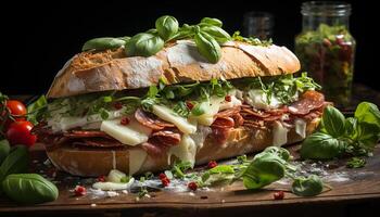 ai généré grillé du boeuf sandwich sur pain ciabatta avec Frais salade et tomate généré par ai photo