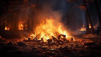 ai généré brûlant feu brille dans le foncé forêt, une fascinant enfer généré par ai photo