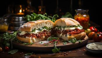 ai généré grillé du boeuf Burger sur pain ciabatta, Frais salade, fait maison sauce généré par ai photo