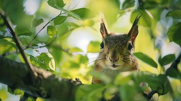 ai généré curieuse écureuil perché dans vibrant feuillage baigné dans doux Naturel lumière photo