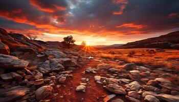 ai généré majestueux Montagne culminer, le coucher du soleil ciel, tranquille eau, l'automne forêt généré par ai photo