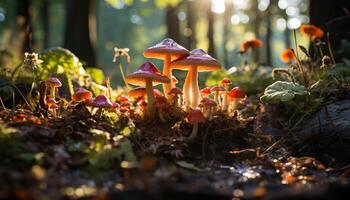 ai généré fraîcheur et croissance dans l'automne forêt, comestible champignon casquette beauté généré par ai photo