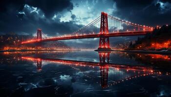 ai généré célèbre pont reflète paysage urbain à crépuscule, éclairant bleu l'eau généré par ai photo