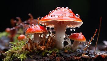 ai généré fraîcheur de l'automne forêt, Pointé champignon vénéneux, toxique beauté dans la nature généré par ai photo