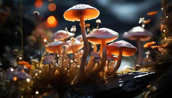 ai généré proche en haut de une Jaune champignon vénéneux, une magnifique l'automne champignon généré par ai photo