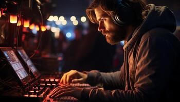 ai généré un homme travail sur ordinateur portable, écoute à la musique à nuit généré par ai photo