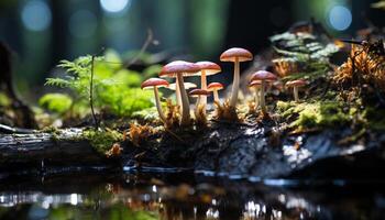 ai généré fraîcheur de l'automne vert feuilles, Jaune champignon vénéneux, bleu l'eau généré par ai photo