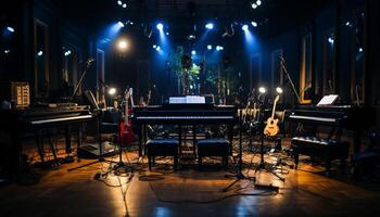 ai généré musicien performant sur étape avec piano, guitare, et microphone généré par ai photo