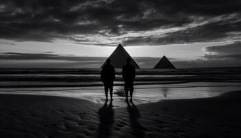 ai généré deux gens en marchant sur le sable, profiter une romantique le coucher du soleil généré par ai photo