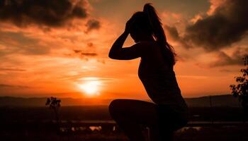 ai généré un Jeune femme exercice en plein air à coucher de soleil, profiter tranquillité généré par ai photo