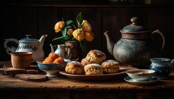 ai généré fait maison dessert sur rustique tableau, Frais fruit, chaud thé généré par ai photo