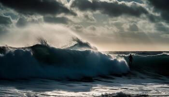 ai généré Hommes le surf danger, rupture vagues, vaporisateur silhouette, humide le sable mouvement généré par ai photo