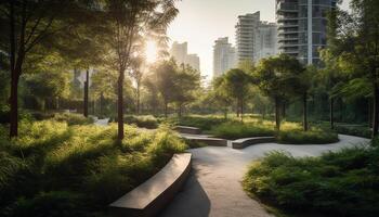 ai généré tranquille prairie, vert arbre, le coucher du soleil la nature beauté dans moderne ville généré par ai photo