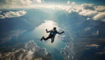 ai généré un la personne sauter, haute en haut, milieu air, Montagne culminer, liberté généré par ai photo