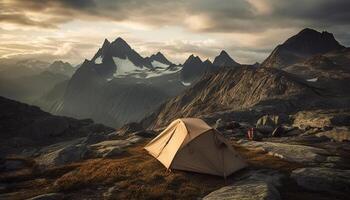 ai généré Montagne culminer, camping, randonnée, aventure, paysage, nature, en plein air, exploration, beauté dans la nature généré par ai photo