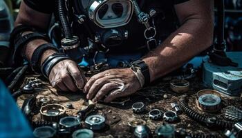 ai généré un qualifié mécanicien réparer moto moteur avec sale mains généré par ai photo