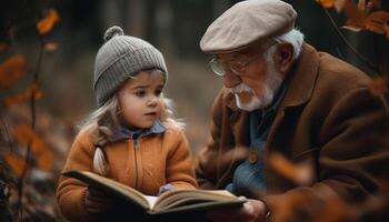 ai généré souriant grand-père en train de lire livre avec mignonne petit fils dans l'automne la nature généré par ai photo