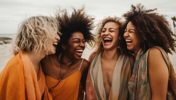 ai généré Jeune femmes profiter une insouciant été, en riant et collage en plein air généré par ai photo