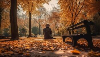 ai généré un la personne séance sur une banc, profiter l'automne solitude généré par ai photo