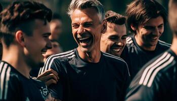 ai généré groupe de Jeune adultes en jouant des sports, souriant et applaudissement ensemble généré par ai photo