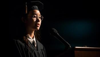 ai généré un Jeune femme, expert dans éducation, en toute confiance performant sur étape généré par ai photo