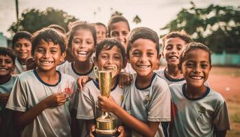 ai généré groupe de les enfants souriant, en jouant football, célébrer Succès ensemble généré par ai photo