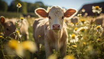 ai généré mignonne vache pâturage sur vert prairie, entouré par fleurs généré par ai photo