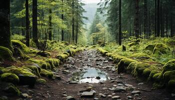 ai généré tranquille scène vert forêt, montagne, eau, l'automne, randonnée, silence généré par ai photo