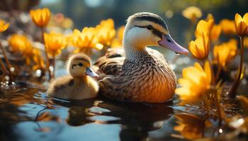 ai généré mignonne caneton charlatan dans le étang, entouré par la nature beauté généré par ai photo