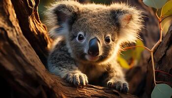 ai généré mignonne koala séance sur bifurquer, à la recherche à caméra dans forêt généré par ai photo