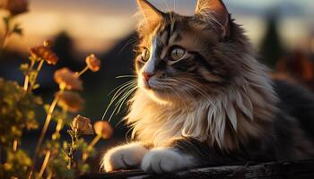 ai généré mignonne chaton séance dans herbe, regarder à coucher de soleil, espiègle la nature généré par ai photo