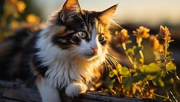 ai généré mignonne chaton séance dans herbe, à la recherche à caméra, profiter la nature généré par ai photo