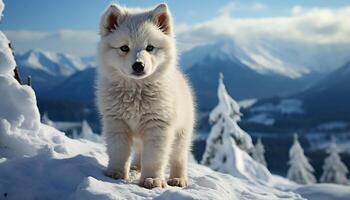 ai généré mignonne chiot séance dans neige, à la recherche à caméra, hiver pays des merveilles généré par ai photo